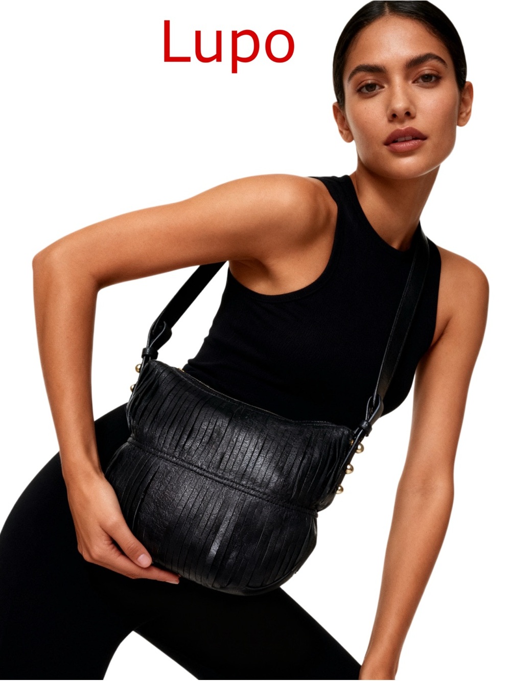 Lupo black leather fringe shoulder bag iconic hand-pleated Abanico Collection
